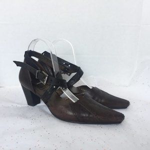 Fidji Brown Leather Criss Cross Mary Jane Pump 9.5